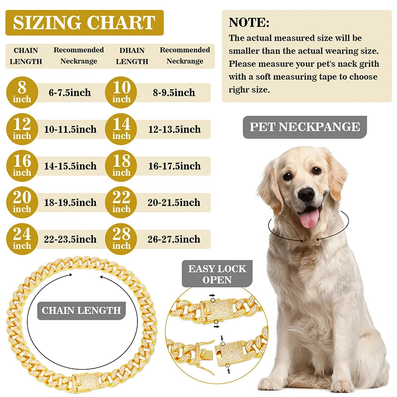 Dog Chain Diamond Cuban Collar Walking Metal