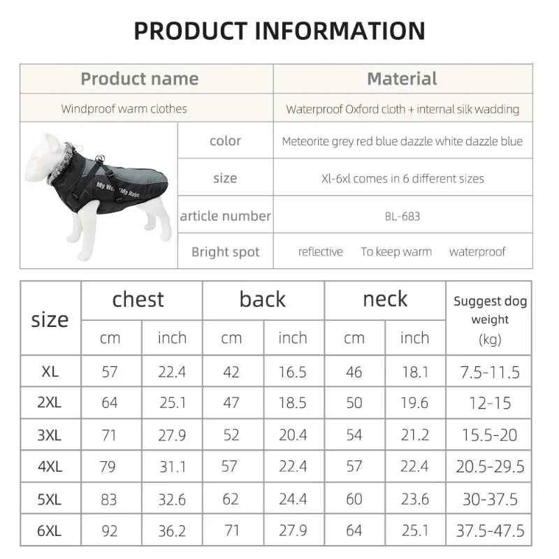 Clothes For Large Dogs Waterproof Big Dog Vest Jacket Autumn Winter Warm Fur Collar Pet Dog Coat For French Bulldog Wilma Dog