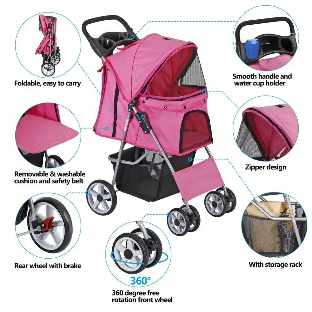 Foldable Carrier Strolling 4 Wheel Pet Strolle